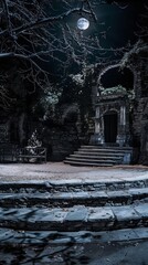 A surreal outdoor theater lit solely by moonlight, where shadows cast by actors create a dramatic play, blending reality with the mystical allure of night