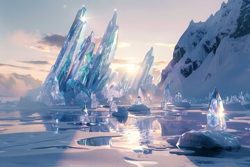 A frozen landscape with icebergs shaped like prisms refracting sunlight.