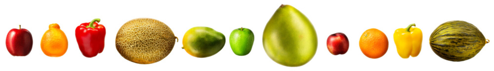 Group of fruits isolated on white background like mango. apple and orange