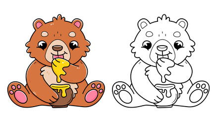 Bear with honey coloring book with coloring example for kids. Coloring page with bear eating honey. Black and white and color version. children's illustration. © Ekaterina Chemakina