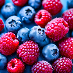 a colorful array of frozen berries displaying a natural gradient from red toFrozen berries in separate containers displayed on top, arranged in a colorful array on blue background,generate ai
 