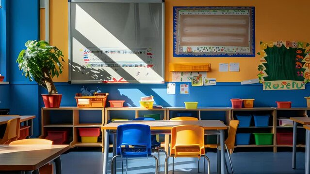 Experience a vibrant preschool classroom with tables, chairs, and educational supplies. Explore the essence of early childhood education and the excitement of back-to-school for young learners. Ideal 