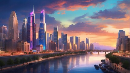 Obraz premium city skyline : Twilight Metropolis Urban Splendor at Sunset