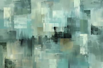 Soft, abstract interplay of dusky blue and green squares, evoking the tranquil yet dynamic essence of a mist-covered city