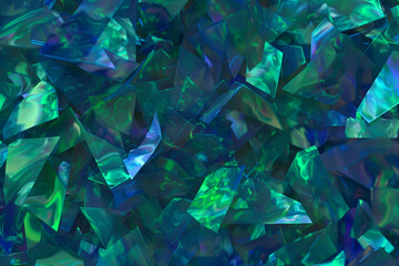 A vibrant array of emerald and sapphire shards, intertwined with a holographic gleam, creating a dynamic and lustrous abstract.