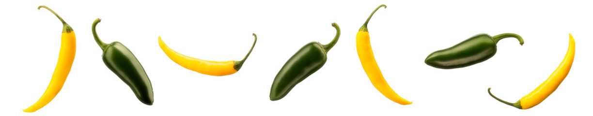 Hot green and yellow chili or chilli pepper isolated on white background.