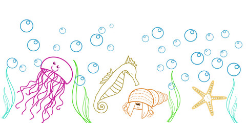 Sfondo con fauna marina: cavalluccio marino, paguro, medusa e stella marina, illustrazione isolata