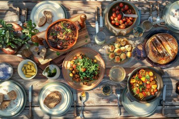 A table with a variety of food and drinks, including a bowl of hummus