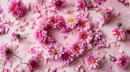 Pink flowers artfully arranged in the shape of a heart on a soft pastel background