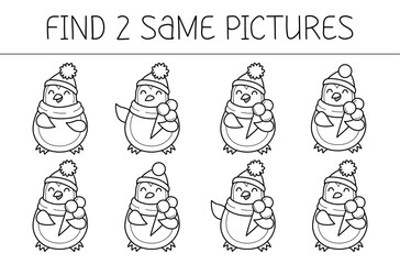 Find two same pictures is an educational game for kids with penguin with ice cream. Penguin with ice cream coloring book.