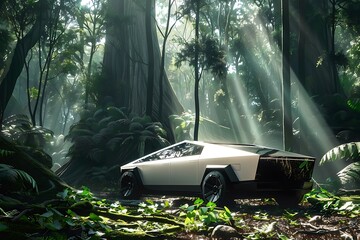 A futuristic electric car glides silently through a forest, its sleek design blending seamlessly with the natural surroundings. Sunlight filters through the leaves, dappling its surface.