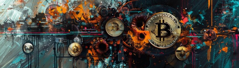 An abstract painting of a steampunk city with a large Bitcoin symbol in the center
