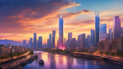 Fototapeta premium sunset over the city : Twilight Metropolis Urban Splendor at Sunset