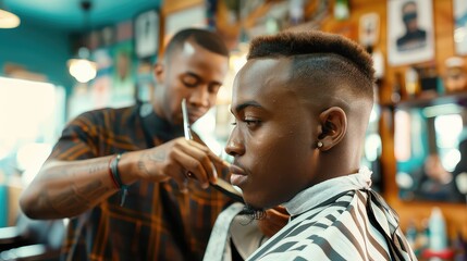 Fototapeta premium An African American barber carefully shaping a fade haircut on a customer in a vibrant barbershop setting. 