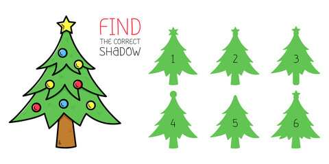 Find the correct shadow game with christmas tree. Educational game for children. Cute cartoon christmas tree. Shadow matching game.