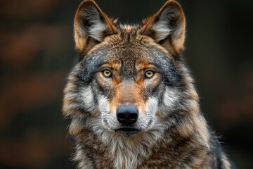 Portrait of a wolf in the forest, close-up