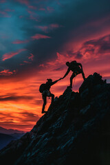 Silhouette two climbers help each other to reach the top of the mountain, fighting spirit and togetherness theme..