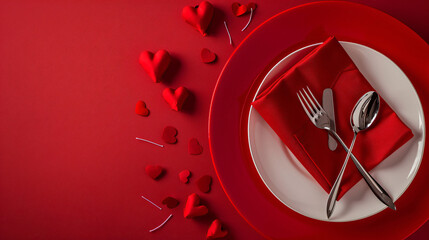 Stylish table setting for Valentines Day on red background - Powered by Adobe