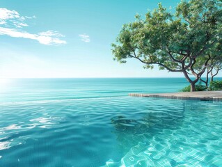 serene scene of pool relaxation with the vast sea in the background. Nature's beauty surrounds, creating a peaceful and tranquil atmosphere. 