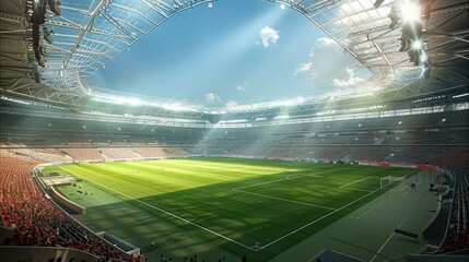 Inside view of a new soccer stadium. Generative AI.
