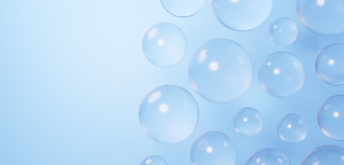 青背景に複数の水滴の背景素材。コピースペース。3D（横長）