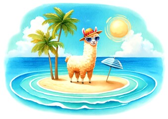 Naklejka premium Watercolor painting of a llama wearing sunglasses on a beach