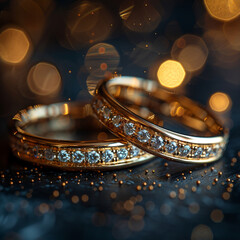 Beautiful wedding rings for the bride and groom on a dark background with highlights