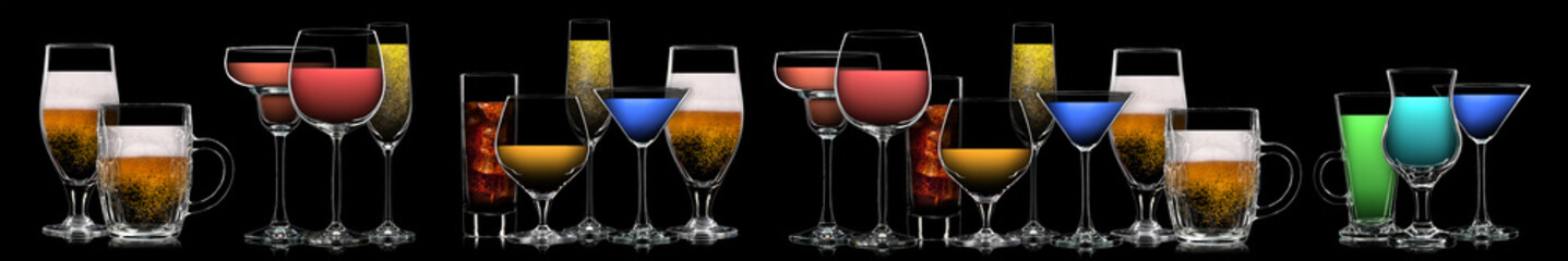 Silhouette of multicolor neon different glasses on black background