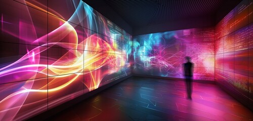 A digital brainstorming room with interactive, touch-responsive walls where technology ideas and...