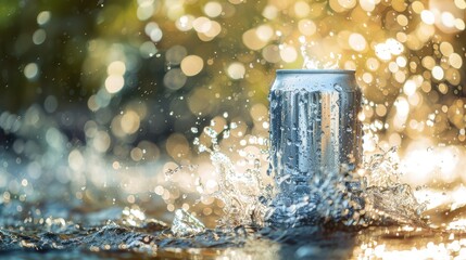 Aluminum cans. Empty can with splashing water on natural background, clear face, blurred background