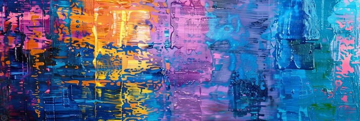 a colorful abstract painting featuring a red, orange, yellow, green, blue, and purple color scheme