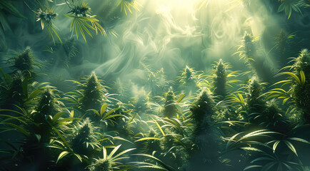 Patch of cannabis plants in a steamy jungle with god rays. Generative AI.