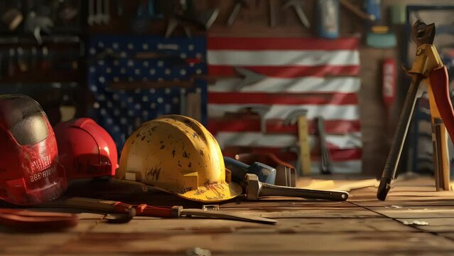 Illustrate the essence of American labor and construction work on Labor Day, featuring tools, helmets, and the American flag. Ideal for showcasing American workers and the growth of the economy throug