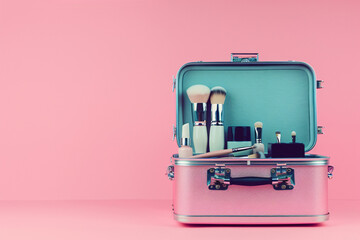 pink case with make up brushes and cosmetics on the pink background