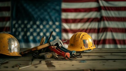 Illustrate the essence of American labor and construction work on Labor Day, featuring tools, helmets, and the American flag. Ideal for showcasing American workers and the growth of the economy throug