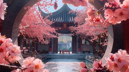 A Chinese-style courtyard filled with blooming peach blossoms. There is a round courtyard gate. Generative AI.