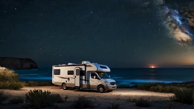 Camper Van Parked on the Beach at Night with Milky Way