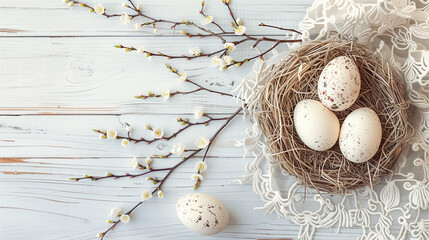 easter eggs in a nest amazing view white colourful background