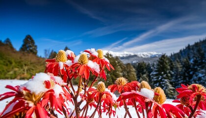 winter season flowers and a snowy forest and mountain landscape with blue sky in background. Generative AI