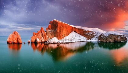 Lake and snow on the mountains. Generative AI