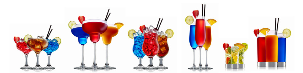 Set of cocktails with decoration from fruits isolated on white background