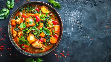 An overhead shot of a vibrant bowl of vegetarian razala curry, brimming with colorful vegetables and aromatic spices.