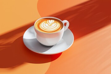 A white coffee cup with a heart design on it sits on a table