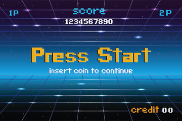 PRESS START INSERT A COIN TO CONTINUE .pixel art .8 bit game. retro game. for game assets .Retro Futurism Sci-Fi Background. glowing neon grid. and stars from vintage arcade computer games