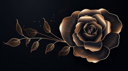 A single black rose with gold highlights on a black background.