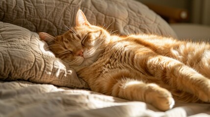 An overweight cat napping in a sunbeam, its round belly rising and falling with each peaceful breath.