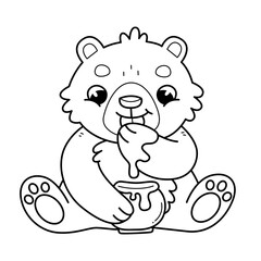 Bear with honey coloring book for kids. Bear eating honey coloring page. Monochrome black and white illustration. children's illustration.