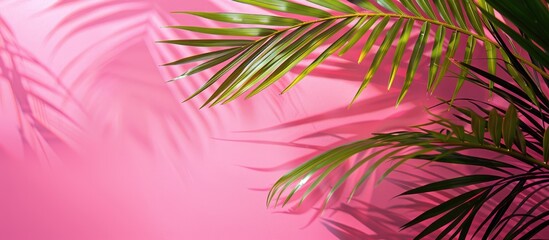 A tropical palm tree leaf set against a vibrant pink backdrop with empty space for text.