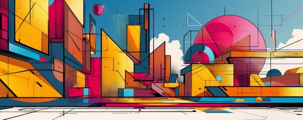 A vibrant cityscape with bright colors and geometric shapes.