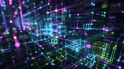 Fototapeta premium Abstract digital background with glowing holographic cubes and lines in blue, green, and purple colors on a dark black background